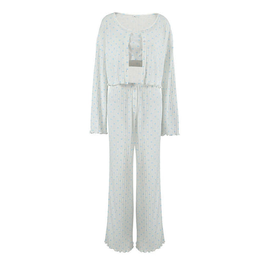 Knitted Heart Print Pajama Set – Soft & Comfortable Sleepwear for Women